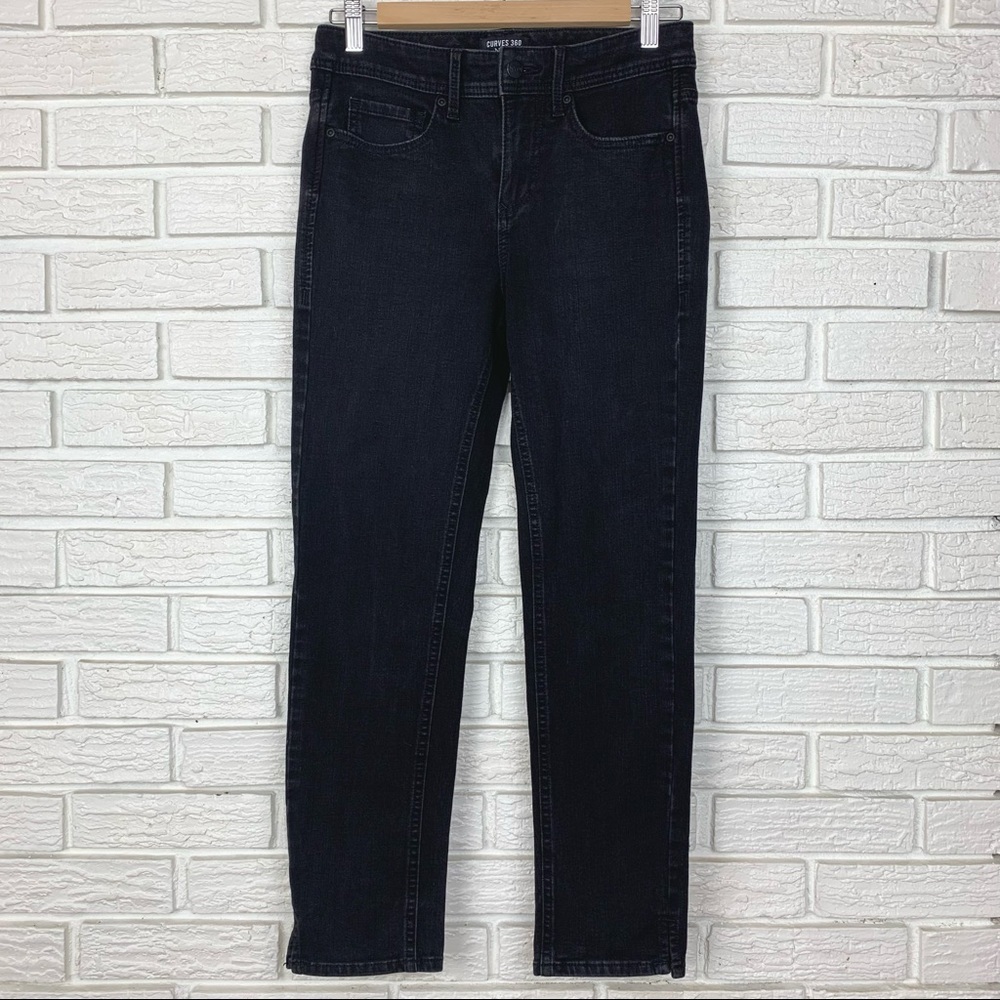 NYDJ Slim Straight Ankle Jeans in Curves 360 Denim with Side Slits Size 2 Black